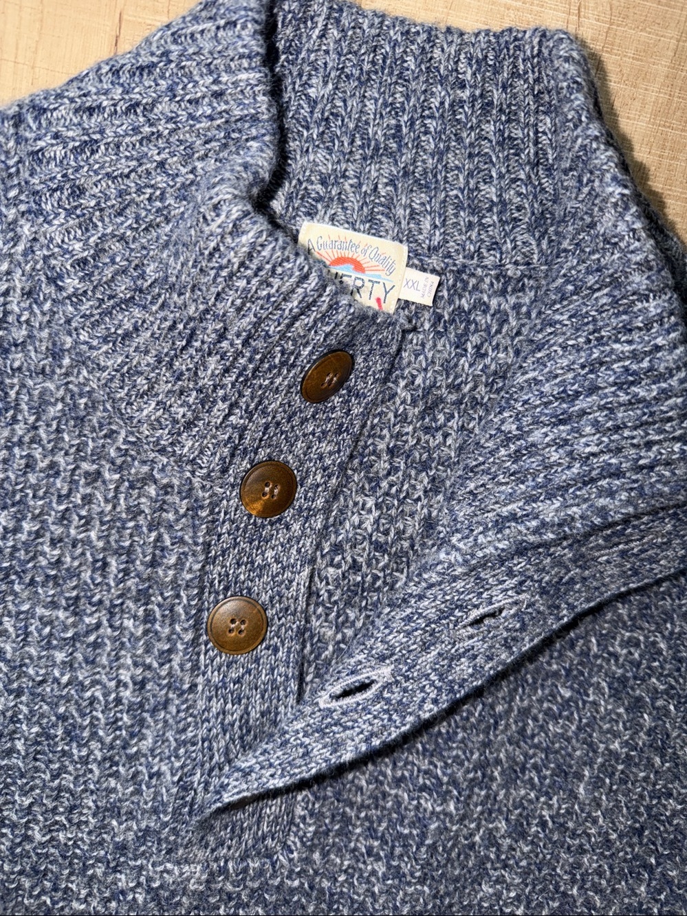 Faherty Men's Waffle Knit Wool/Cashmere 1/4 button Sweater - Denim Melange-XXL